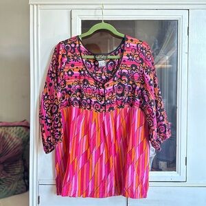 Vintage 2000s Bob Mackie Wearable Art pink & orange retro silk blouse